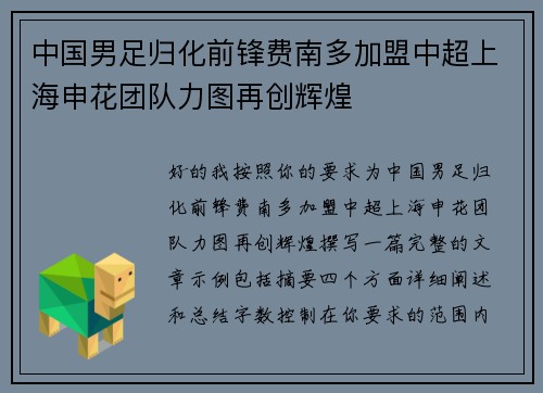 中国男足归化前锋费南多加盟中超上海申花团队力图再创辉煌 中国男足归化前锋费南多加盟中超上海申花团队力图再创辉煌