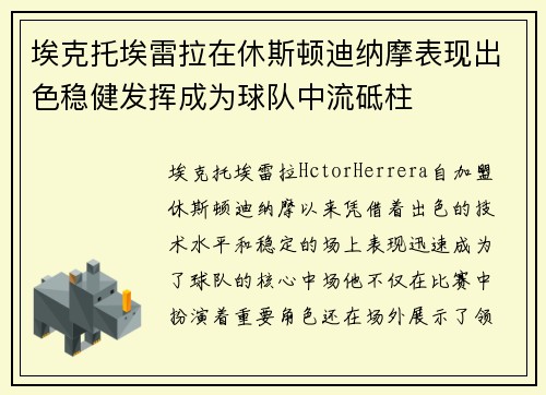 埃克托埃雷拉在休斯顿迪纳摩表现出色稳健发挥成为球队中流砥柱